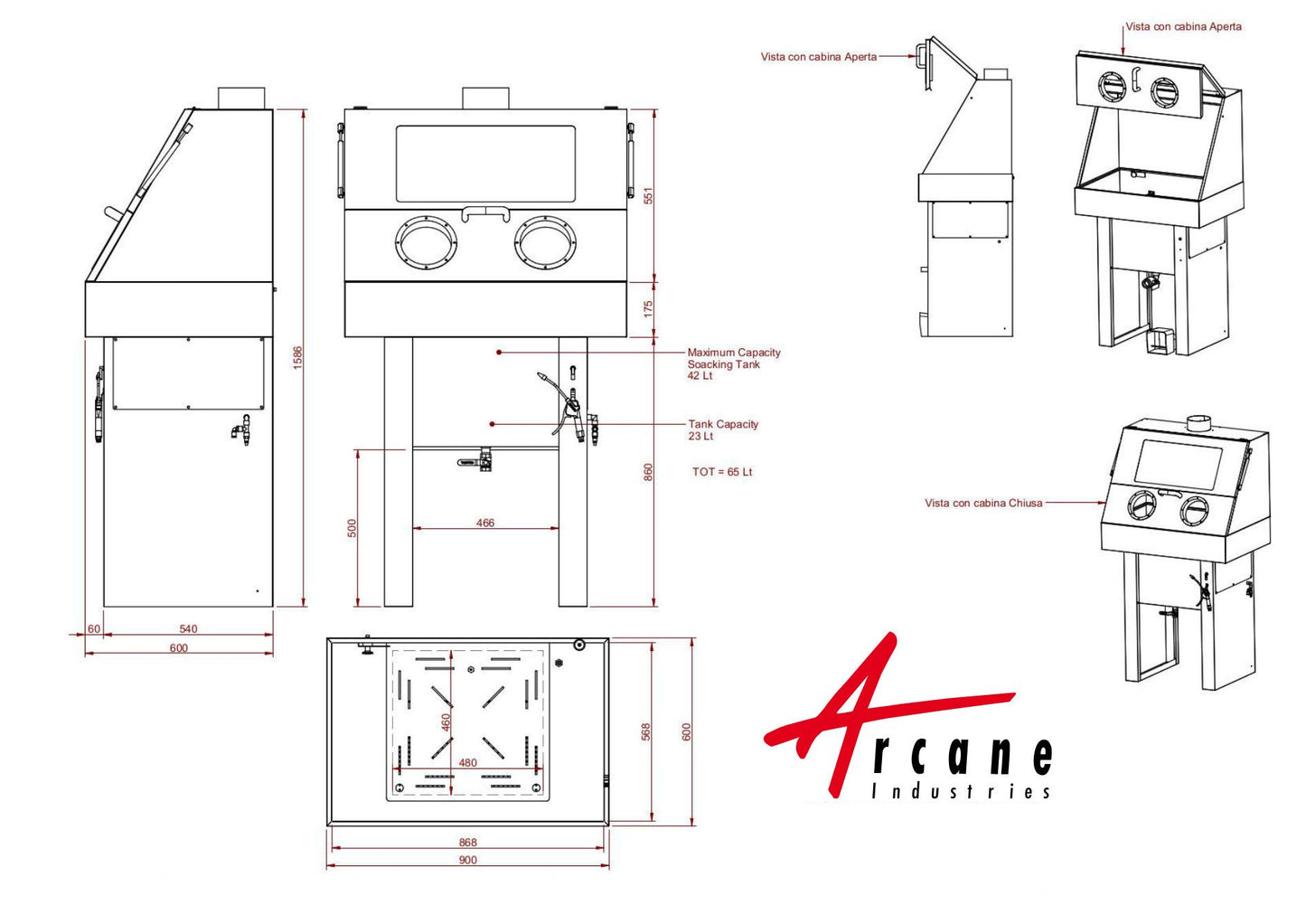 Atex II 3 GD pneumatic degreasing cabinet CABINE FACE_PN 585x868x170 mm Plan