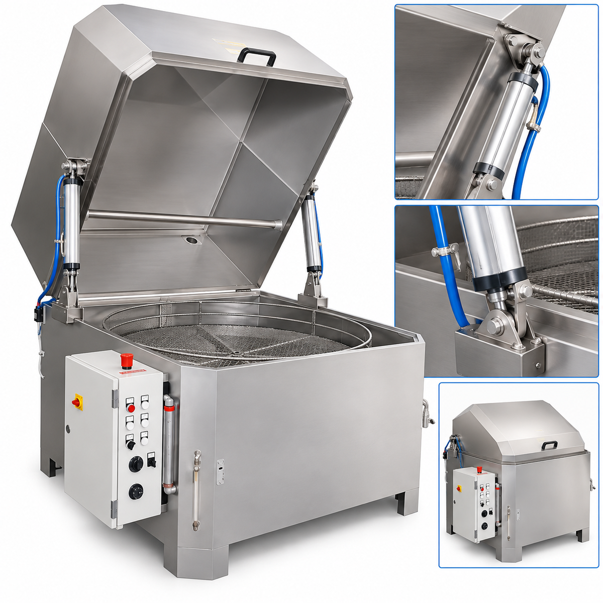 Automatic pneumatic opening system for rotary washer